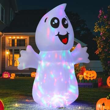 GOOSH 5 FT Halloween Cute Ghost Inflatable with 360° Rotating Magic Light, Blow Up Yard Decoration with LED Lights Built-in for Holiday/Outdoor/Yard/Garden