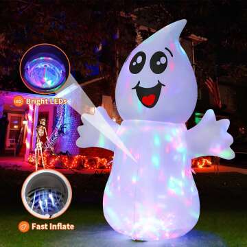 GOOSH 5 FT Halloween Cute Ghost Inflatable with 360° Rotating Magic Light, Blow Up Yard Decoration with LED Lights Built-in for Holiday/Outdoor/Yard/Garden