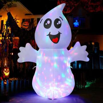 GOOSH 5 FT Halloween Cute Ghost Inflatable with 360° Rotating Magic Light, Blow Up Yard Decoration with LED Lights Built-in for Holiday/Outdoor/Yard/Garden