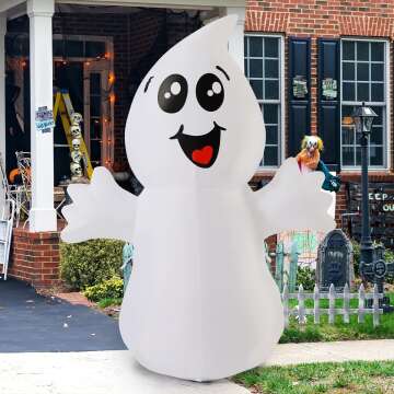 GOOSH 5 FT Halloween Cute Ghost Inflatable with 360° Rotating Magic Light, Blow Up Yard Decoration with LED Lights Built-in for Holiday/Outdoor/Yard/Garden