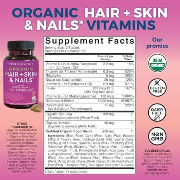 Hair Skin and Nails Vitamins for Women - Vegetarian-Friendly Organic Biotin Vitamins for Hair Skin Nails Health Support with Vitamin E & Biotin 5000 mcg to Help Produce Keratin -120 Biotin Supplement