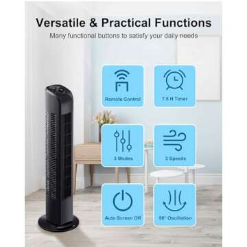 Uthfy Oscillating Tower Fan with Remote, Electric Standing Tower Fan Floor Fan for Bedroom Indoor Office and Home Use,Quiet Cooling Portable Bladeless Tower Fans, 30 inchs, Black Tower Fan