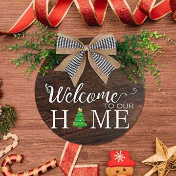 OurWarm Interchangeable Welcome Door Sign Front Door Decor, Rustic Wood Round Wreath Welcome To Our Home Sign with Changeable Seasonal Icons for Farmhouse Front Porch Decor and Housewarming Gift