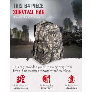 ReadyWise 64-Piece Emergency Survival Backpack, Bug-Out Bag Freeze-Dried Disaster Kit for Hurricane Preparedness, Camping Food, Prepper Emergency Outdoor Hunting, Camo