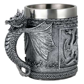 Medieval Roaring Dragon Mug - Dungeons and Dragons Beer Stein Tankard Drink Cup - 15.8oz Stainless Coffee Mug for GOT Dragon Lovers Collector Ideal Novelty Gothic Father Day Gift Party Decoration