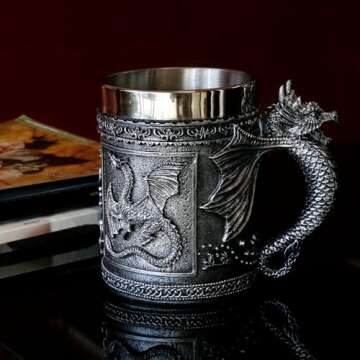 Medieval Roaring Dragon Mug - Dungeons and Dragons Beer Stein Tankard Drink Cup - 15.8oz Stainless Coffee Mug for GOT Dragon Lovers Collector Ideal Novelty Gothic Father Day Gift Party Decoration