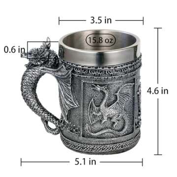 Medieval Roaring Dragon Mug - Dungeons and Dragons Beer Stein Tankard Drink Cup - 15.8oz Stainless Coffee Mug for GOT Dragon Lovers Collector Ideal Novelty Gothic Father Day Gift Party Decoration