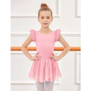 Arshiner Girls Ruffle Sleeve Ballet Dance Dress Tutu Skirted Leotard, 6-7 Years, Ballet Pink