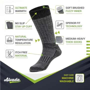 Alvada Warm Thermal Wool Socks for Winter Moisture Wicking and Breathable Cozy Boot Socks Charcoal ML