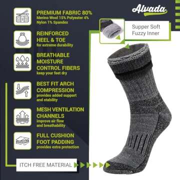 Alvada Warm Thermal Wool Socks for Winter Moisture Wicking and Breathable Cozy Boot Socks Charcoal ML