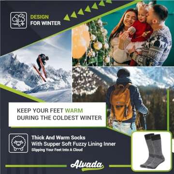 Alvada Warm Thermal Wool Socks for Winter Moisture Wicking and Breathable Cozy Boot Socks Charcoal ML