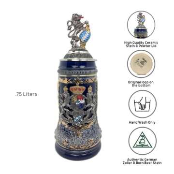 Regal Lion Lid Bayern Coat of Arms Zoller & Born .75L Made in Germany Mug German Made Stein