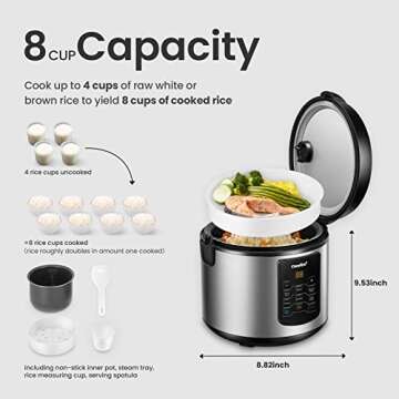 COMFEE' Compact Rice Cooker, 6-in-1 Stainless Steel Multi Cooker, Slow Cooker, Steamer, Saute, and Warmer, 2 QT, 8 Cups Cooked(4 Cups Uncooked), Brown Rice, Quinoa and Oatmeal, 6 One-Touch Programs