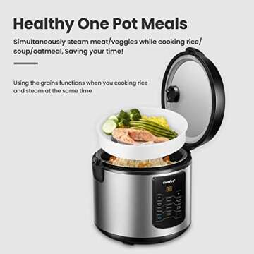 COMFEE' Compact Rice Cooker, 6-in-1 Stainless Steel Multi Cooker, Slow Cooker, Steamer, Saute, and Warmer, 2 QT, 8 Cups Cooked(4 Cups Uncooked), Brown Rice, Quinoa and Oatmeal, 6 One-Touch Programs