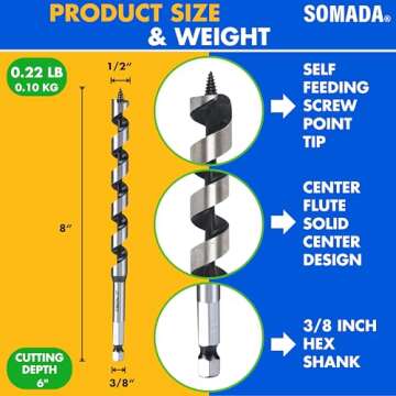 SOMADA 1/2-Inch x 8-Inch Auger Drill Bit for Wood, Quick Change Hex Shank 3/8-Inch One Piece, Ship Auger Long Drill Bit for Soft and Hard Wood, Plastic, Drywall and Composite Materials