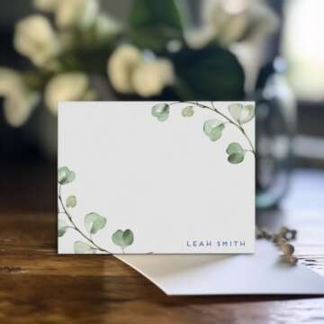 Eucalyptus Stationary Set, Personalized Greenery Stationary with Envelopes, FLAT OR FOLDED, Personalized Greenery Note Cards, Greenery Stationery for Women, Your Choice of Color and Quantity