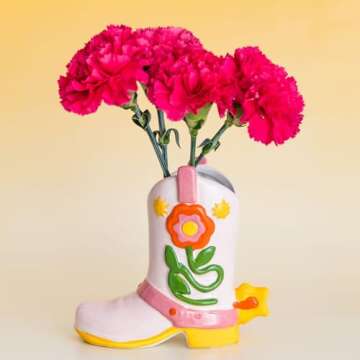 ban.do Small Cowboy Boot Vase, Cute Cowgirl Boot Vase, Colorful Ceramic Shelf Decor for Home or Office, Unique/Quirky/Funky/Fun Flower Vase Doubles as Pencil Cup, Giddy Up