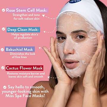 MISS SPA Face Mask Skin Care Set, Hydrating Brightening Facial Sheet Masks, Rose Stem Cell, Deep Clean, Bakuchiol, Cactus Moisturizing Mask, Skin Care Set for Women, Dermatologist Tested, 4 Pack