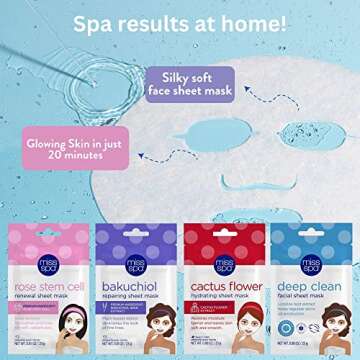 MISS SPA Face Mask Skin Care Set, Hydrating Brightening Facial Sheet Masks, Rose Stem Cell, Deep Clean, Bakuchiol, Cactus Moisturizing Mask, Skin Care Set for Women, Dermatologist Tested, 4 Pack