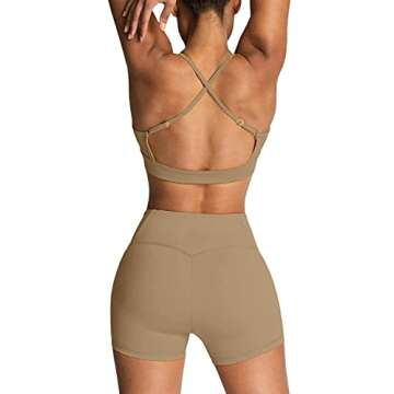 IMEKIS Workout Sets for Women 2 Piece Yoga Outfit: Tracksuits High Waisted Running Biker Shorts with Adjustable Strap Sport Bra Exercise Running Clothes Athletic Gym Sets Matching Active Wear Khaki S