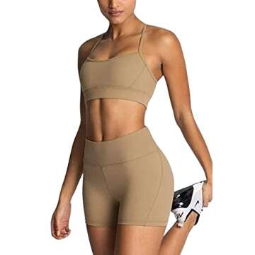 IMEKIS Workout Sets for Women 2 Piece Yoga Outfit: Tracksuits High Waisted Running Biker Shorts with Adjustable Strap Sport Bra Exercise Running Clothes Athletic Gym Sets Matching Active Wear Khaki S