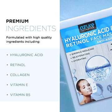 AZURE Hyaluronic Acid & Retinol Anti Aging Facial Mask - Dermatologist Tested - Rejuvenating & Hydrating Face Mask - Helps Reduce Fine Lines & Wrinkles, Smooths & Repairs - Korean Skin Care - 5 Pack