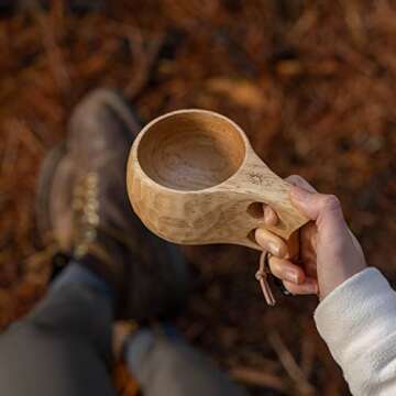 GCS Handmade Kuksa Wood Camp Mug with Fork and Spoon Lightweight & Eco-Friendly Traditional Handcrafted Wooden Cup with Natural Chestnut Bushcraft or Camping Leather Lanyard