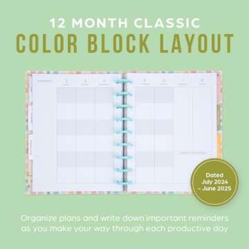 Happy Planner Disc-Bound Mid-Year 12-Month Color-Block Planner, Academic Planner July 2024–June 2025, Classic-Size Planner for School, Camping Nostalgia, 72 Pages, 12 Dividers, 2 Sticker Sheets, 7" x 9 3/4"