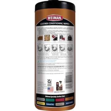 Weiman Leather Cleaner & Conditioner Wipes With UV Protection, Prevent Cracking Or Fading Of Leather Couches, Car Seats, Shoes, Purses - 30 ct