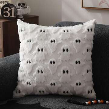 DFXSZ Halloween Pillow Covers 18x18 inch Set of 2 White Ghost Throw Pillow Cases Soft Plush Faux Fur Wool Couch Cushion Case for Chair Sofa Bedroom Living Room Home Decor PTK03A18