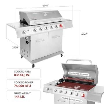 Royal Gourmet GA6402S 6-Burner Propane Gas Grill with Side Burner and Warming Rack, 74,000 BTUs, Cabinet Style Outdoor BBQ Grill for Barbecue Grilling & Backyard Cooking, Silver