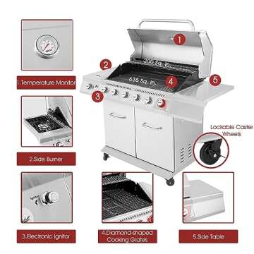 Royal Gourmet GA6402S 6-Burner Propane Gas Grill with Side Burner and Warming Rack, 74,000 BTUs, Cabinet Style Outdoor BBQ Grill for Barbecue Grilling & Backyard Cooking, Silver