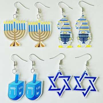 xuzhiyuan Hanukkah Acrylic Dangle Earrings Menorah Wooden Drop Earrings Dove Star of David Jewish Hanukkah Jewelry for Women Holiday-4 Pairs