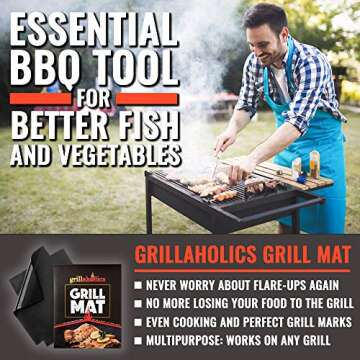 Grillaholics Heavy Duty Grill Mats - Set of 2 BBQ Mats Built to Last - Make Grilling Easier & Keep Grates Looking New - The Perfect Grilling Gift