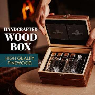 Whiskey Set by Royal Reserve – Whiskey Glasses, Stainless Chilling Stones, Coasters, Tongs, Gift-Ready Wooden Box - Whiskey Stones Gift Set for Men, Husband, Dad, Boyfriend