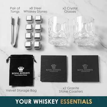 Whiskey Set by Royal Reserve – Whiskey Glasses, Stainless Chilling Stones, Coasters, Tongs, Gift-Ready Wooden Box - Whiskey Stones Gift Set for Men, Husband, Dad, Boyfriend