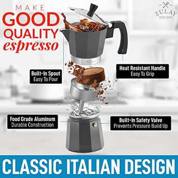 Zulay Classic Italian Style 6 Espresso Cup Moka Pot, Classic Stovetop Espresso Maker for Great Flavored Strong Espresso, Makes Delicious Coffee, Easy to Operate & Quick Cleanup Pot (Dark Gray)