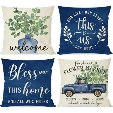 Spring Pillow Covers 18x18 Inch Eucalyptus Leaves Greenery Blue Vase Truck Bless This Home Set of 4 Outdoor Farmhouse Summer Welcome Decorative Throw Pillows Cases for Couch Room Decor