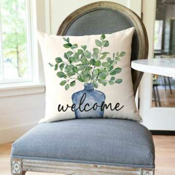 Spring Pillow Covers 18x18 Inch Eucalyptus Leaves Greenery Blue Vase Truck Bless This Home Set of 4 Outdoor Farmhouse Summer Welcome Decorative Throw Pillows Cases for Couch Room Decor