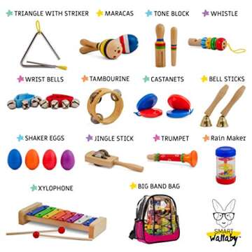 SMART WALLABY Toddler Musical Instruments Set, 25 pcs Wooden Educational Music Toys Percussion Kit for Kids with Xylophone and Storage Backpack. Big Band