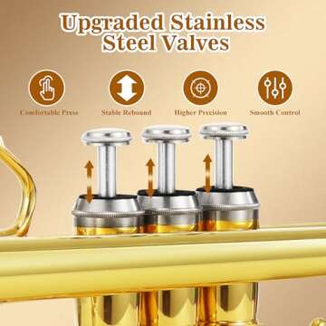 Bb Trumpet Stainless Valve - Gold Lacquer Bb Trumpet Kit for Beginners, Handmade Brass Musical Instrument with Durable Case Complete Cleaning Set 7C Mouthpiece and Portable Stand & Gloves, Christmas