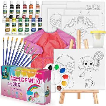 KEFF Kids Painting Set for Girls – Acrylic Paint Set for Kids - Art Supplies Kit with Pre Drawn Canvases, Non Toxic Paints, Wooden Easel, Paint Brushes, Palette & Pink Smock