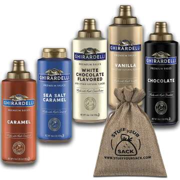 Ghirardelli Sauce 5 Flavor Variety Pack - Ghirardelli Caramel Sauce, Black Label Chocolate, Sea Salt Caramel, Vanilla & White Chocolate Syrup with Burlap Gift Sack by Stuff Your Sack