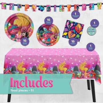 Troll Birthday Party Decorations | Serves 16 Guests | Banner, Tablecloth, Dinner & Cake Plates, Napkins, Sticker