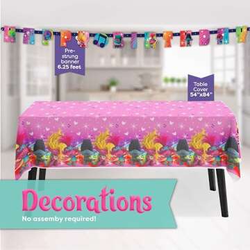 Troll Birthday Party Decorations | Serves 16 Guests | Banner, Tablecloth, Dinner & Cake Plates, Napkins, Sticker