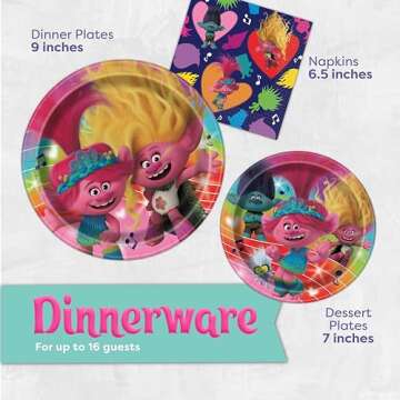 Troll Birthday Party Decorations | Serves 16 Guests | Banner, Tablecloth, Dinner & Cake Plates, Napkins, Sticker