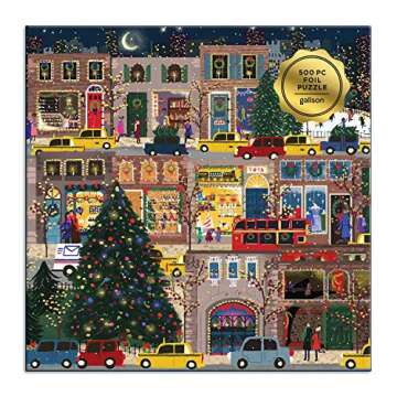 Galison Winter Lights Foil Puzzle 500 Pieces – Holiday Jigsaw Puzzle Featuring Festive City Scene by Joy Laforme – Thick, Sturdy Pieces Challenging Family Activity Great Gift Idea