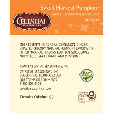 Celestial Seasonings Black Tea, Sweet Harvest Pumpkin, Contains Caffeine, 18 Count (Pack of 6)