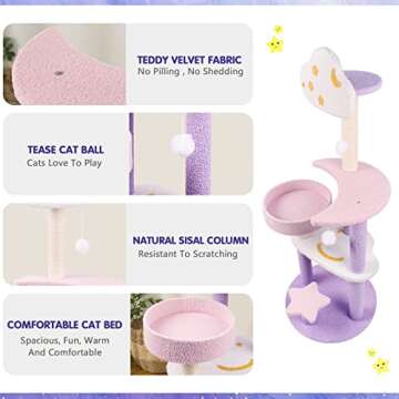 SENNAUX Cat Tree Cat Tower Update 49in Multi-Level Cat Activity Tree with Scratching Post & Toys with Moon Star Cloud for Kittens Pet House Play Rest, Purple and Pink