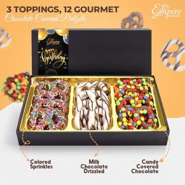 Happy Birthday Chocolate Covered Pretzels - 12 Assorted Gourmet Chocolate Pretzels in a Happy Birthday Chocolate Gift Box - Mouthwatering Birthday Treats For Women & Men